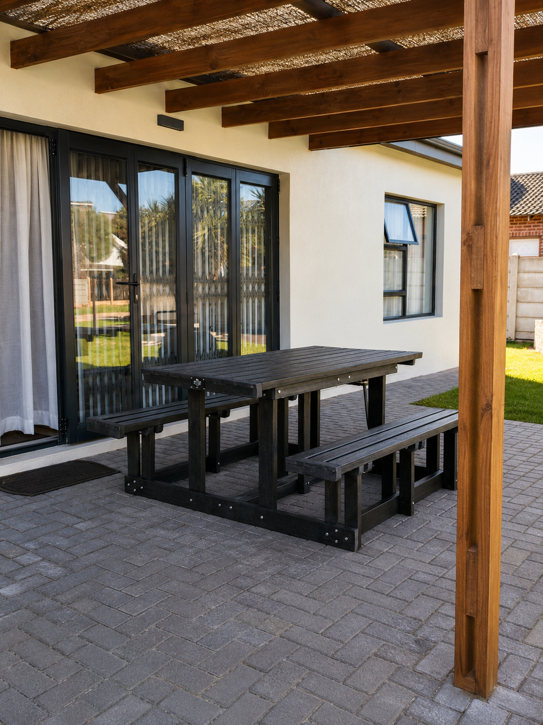 EcoCrafts black Spring Tide Six-Seater Eco-Table has found the perfect home beneath this beautiful covered patio